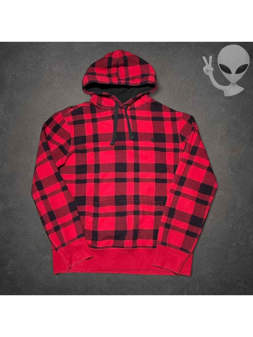Polo Ralph Lauren Hoodie Mens US L Red Black Buffalo Plaid Fleece Pullover